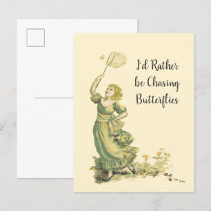 Vintage Lady jagt Schmetterlinge Postkarte