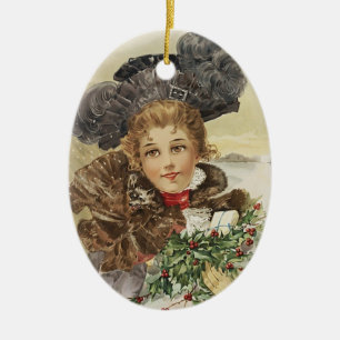 Vintage Lady mit Holly Keramik Ornament