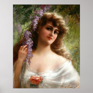 Vintage Lady mit violetten Blumen und Pfirsichrose Poster