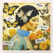 Vintage Lady, Schmetterlinge, Blume und Inspiriere Glasuntersetzer (Vorderseite)