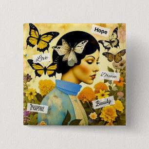 Vintage Lady, Schmetterlinge, Blumen und Inspirier Button