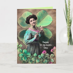 VINTAGE LADY UND GLÜCKSSCHAMROCKS St. Patricks Tag Karte