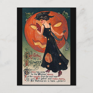 Vintage Lady und Jack o'lantern Moon Halloween Postkarte