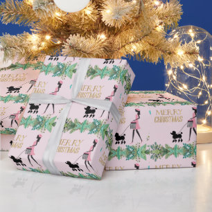 Vintage Lady wandelt schwarze Poodle Frohe Weihnac Geschenkpapier