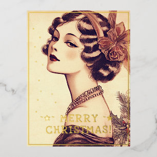 Vintage Lady Weihnachtsgrüße Retro Pic Folien Feiertagspostkarte