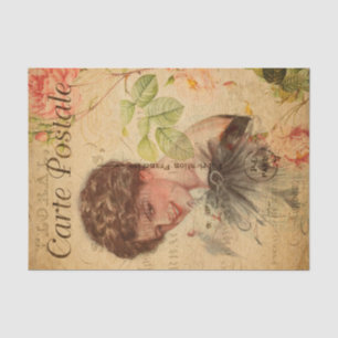 Vintage Lady Woman mit Niedlichem Cat Floral Franz Seidenpapier