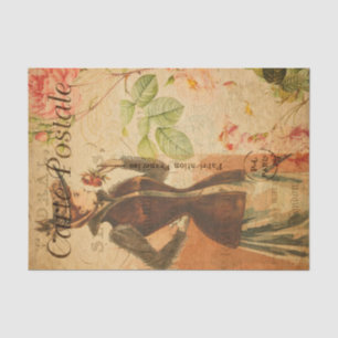 Vintage Lady Woman mit Rote Rosen Blumenfranzösisc Seidenpapier