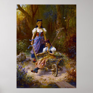 Vintage Ladys and Wheel Barrow im Wald Poster