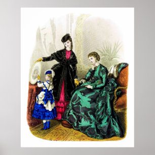Vintage Ladys in Schwarz-Rosa-Blau-Kleid Poster