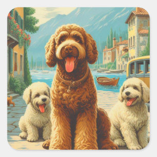Vintage-Lagotto-Romagnolo-Illustration Quadratischer Aufkleber