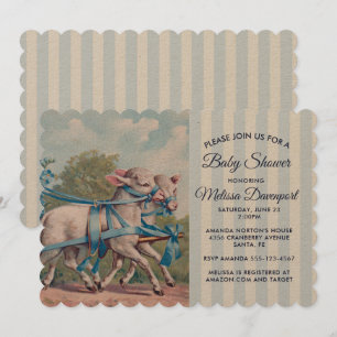 Vintage Lämmer in blauen Bändern Baby-Party Einladung