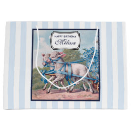 Vintage Lämmer in Blue Ribbons auf Streifen Geburt Große Geschenktüte