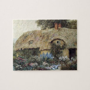 Vintage Land-Hütte mit Blumen-Garten-Puzzlespiel Puzzle