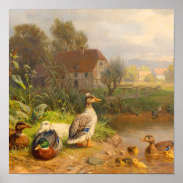 Vintage Landhaus Enten Teich Antikes Ölbild Poster