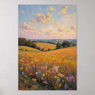 Vintage-Landhaus-Wandkunst mit Wildblumenfeld Poster