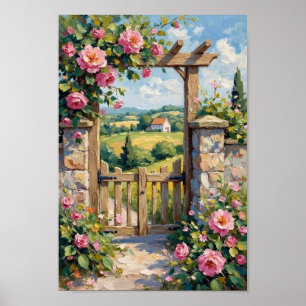 Vintage-Landhausgarten-Tor-Blumenkunst Poster