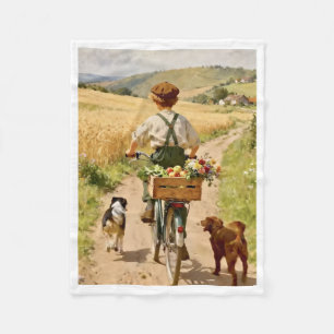 Vintage-Landjungen-Fahrrad-Hunde-Flanelldecke Fleecedecke