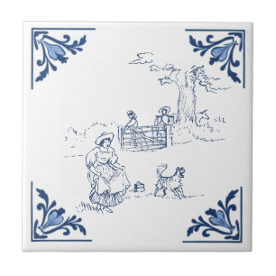 Vintage-Ländlicher Spaziergang mit Hund Delft Blau Fliese