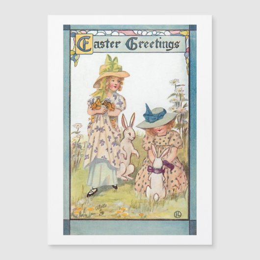 Vintage Landmädchen mit Osterbünen & Chicks Magnetkarte (Vorderseite)