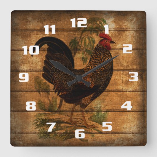 Vintage Landroster auf rustikalem Holz Quadratische Wanduhr (Vorderseite)