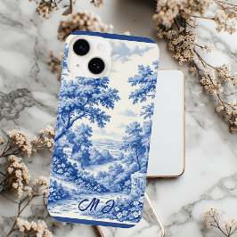 Vintage Landscape French Toile Blue Flora Monogram iPhone 14 Hülle