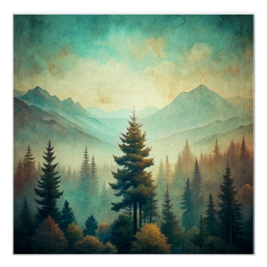 Vintage Landscape Mountains Forest Wall Poster Art (Vorderseite)