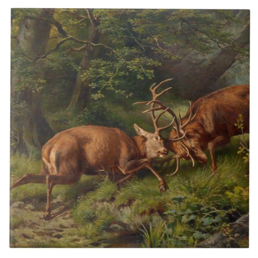 Vintage Landschaft Pausinger Kämpfen Hirsch Fliese (Vorderseite)