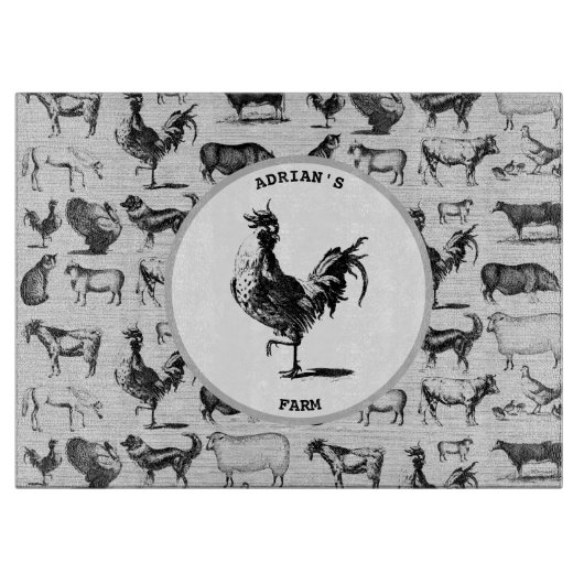 Vintage Landtiere Rustikale Collage Schneidebrett (Vorderseite)