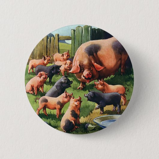 Vintage Landtiere, Schweine mit Niedlichen Baby-Fe Button (Vorderseite)