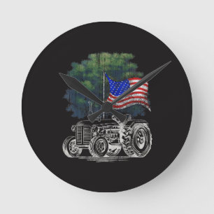 Vintage-Landwirtschaftstraktor Amerikanische Flagg Runde Wanduhr