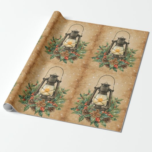 Vintage lantern holly pine rustic festive winter geschenkpapier (Ungerollt)