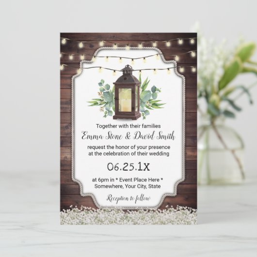 Vintage Laternenreihenleuchten Rustikale Hochzeit Einladung (Stehend Vorderseite)
