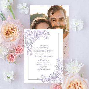 Vintage-Lavendel-Blumen-Linienkunst-Foto-Hochzeit Einladung