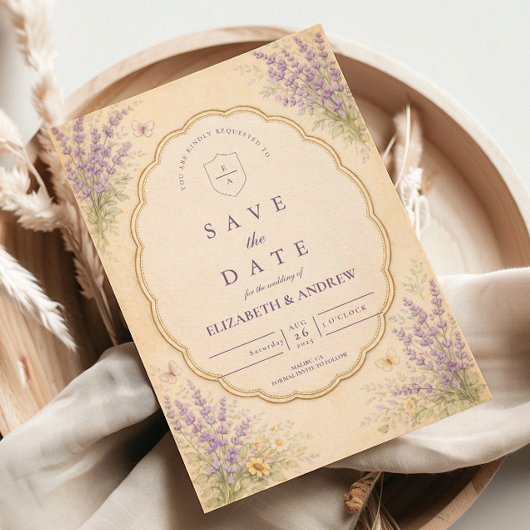 Vintage Lavendel-Gartenhochzeit Save The Date