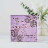 Vintage Lavendel Liebesvögel Einladung Hochzeit (Stehend Vorderseite)