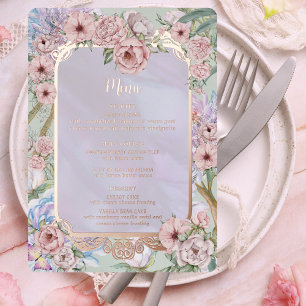 Vintage Lavendel-Pfingstrosen-Hochzeitsmenükarte a Folieneinladung