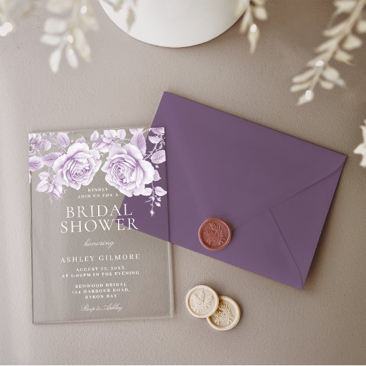 Vintage Lavendel-Rose Elegantes Brautparty Acryleinladungen