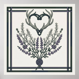 Vintage-Lavendel-Sträußchen und Hirschgeweih Botan Poster
