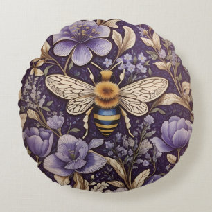 Vintage-Lavendelblüten Hummel Lila Natur Rundes Kissen