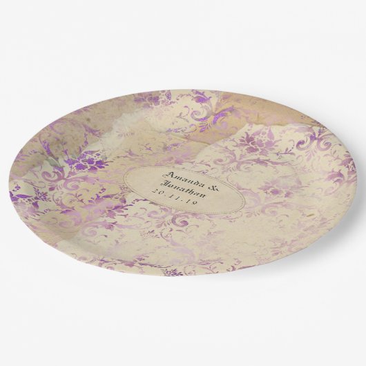 Vintage Lavender Damask Hochzeit Pappteller (Schrägansicht)