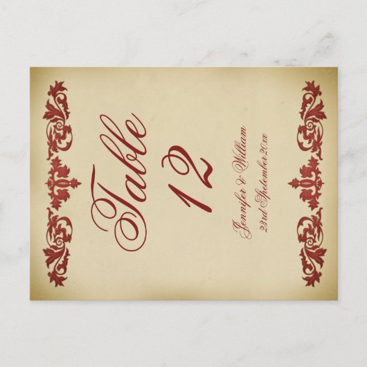 Vintage Leaf Scroll Hochzeit Tischnummer Postkarte (Vorderseite)