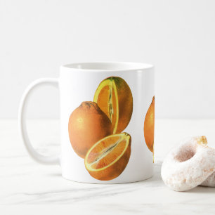 Vintage-Lebensmittel, frische gesunde Bio-Orangen Kaffeetasse