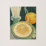 Vintage Lebensmittel, Getränke, gesundes Frühstück Puzzle<br><div class="desc">Vintage Abbildung von Gesundheitsnahrung und Getränken mit einem gesunden Frühstück mit warmen Haferflocken,  Milchglas und Orangenfrüchten.</div>