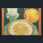 Vintage Lebensmittel, Getränke, gesundes Frühstück Stofftischset<br><div class="desc">Vintage Abbildung von Gesundheitsnahrung und Getränken mit einem gesunden Frühstück mit warmen Haferflocken,  Milchglas und Orangenfrüchten.</div>