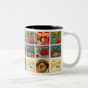 Vintage-Lebensmittel-Labels Farbige Muster Zweifarbige Tasse