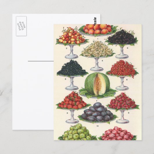Vintage Lebensmittel Obst auf Tabletts zum Caterin Postkarte (Vorne/Hinten)