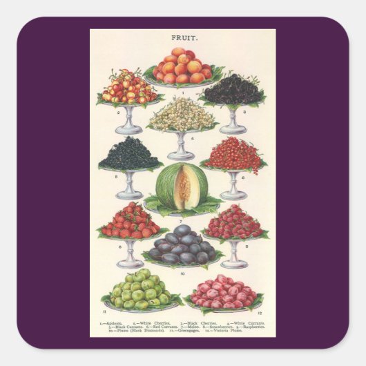 Vintage Lebensmittel Obst auf Tabletts zum Caterin Quadratischer Aufkleber (Vorderseite)