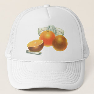 Vintage-Lebensmittel Obst, reife Orangen Entsafter Truckerkappe