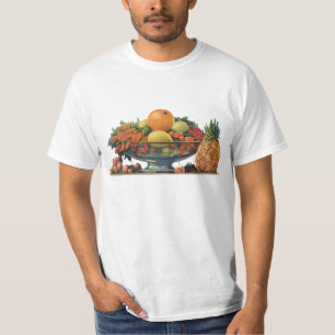 Vintage-Lebensmittel, sortiertes Obst in einer Sch T-Shirt
