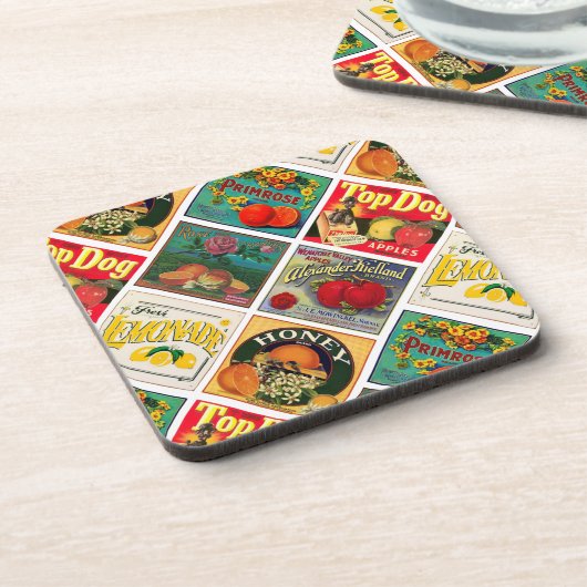 Vintage Lebensmitteletiketten Farbmuster Getränkeuntersetzer (Linke Seite)